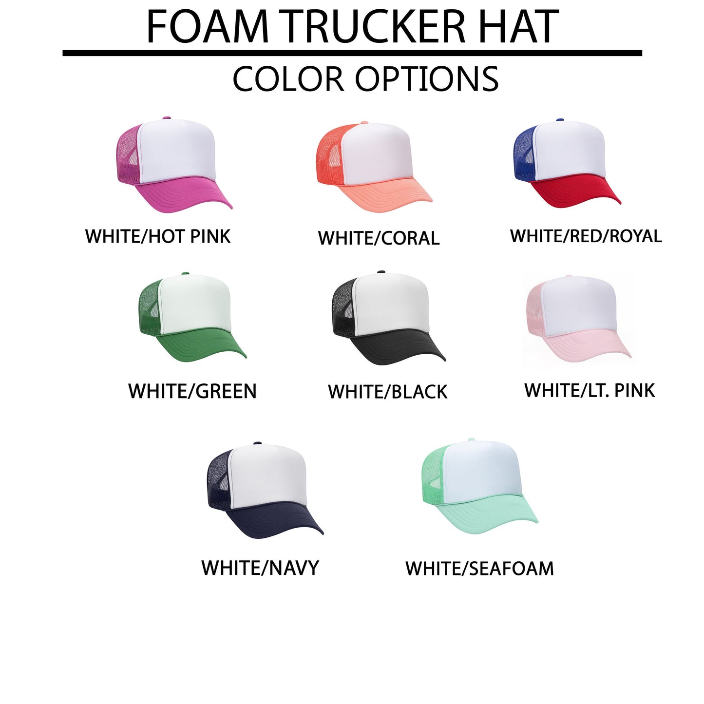 a white trucker hat with different colors on it
