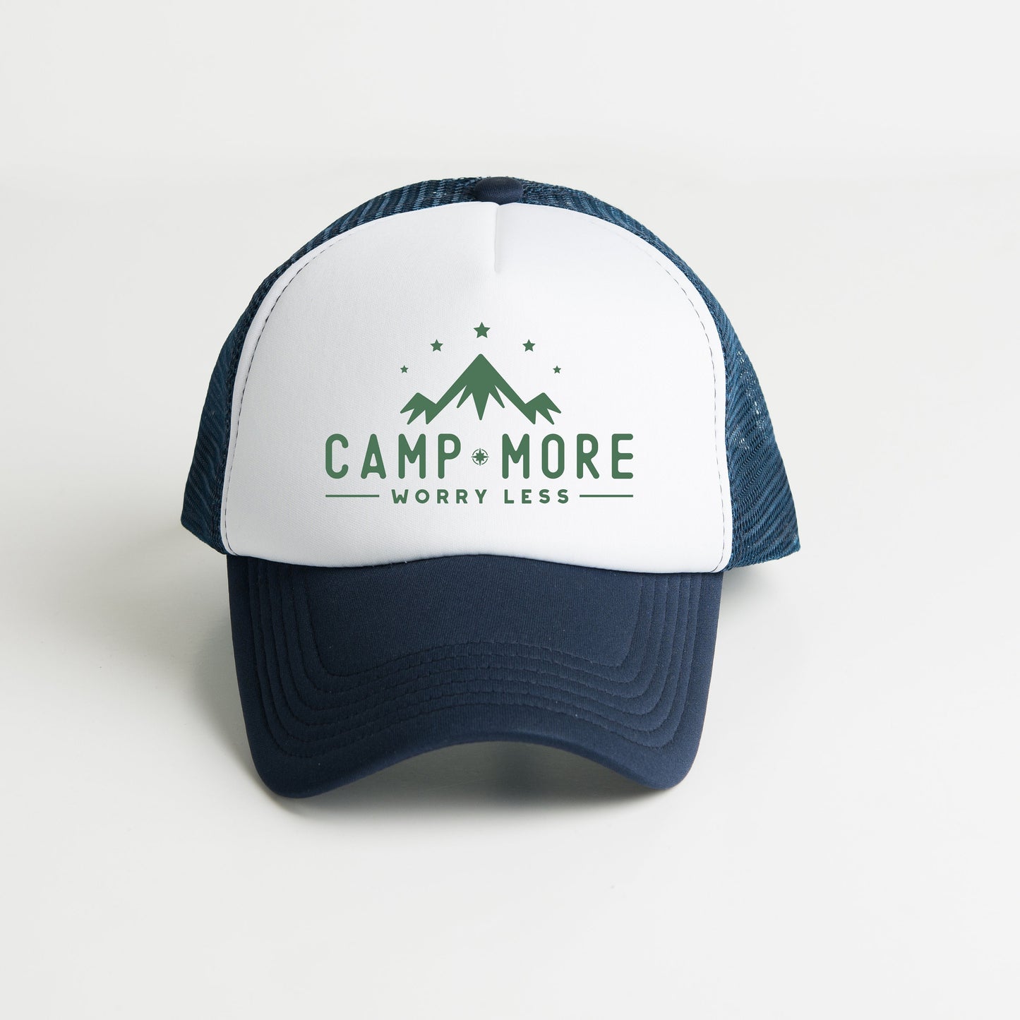 a white and blue trucker hat with a camp more logo