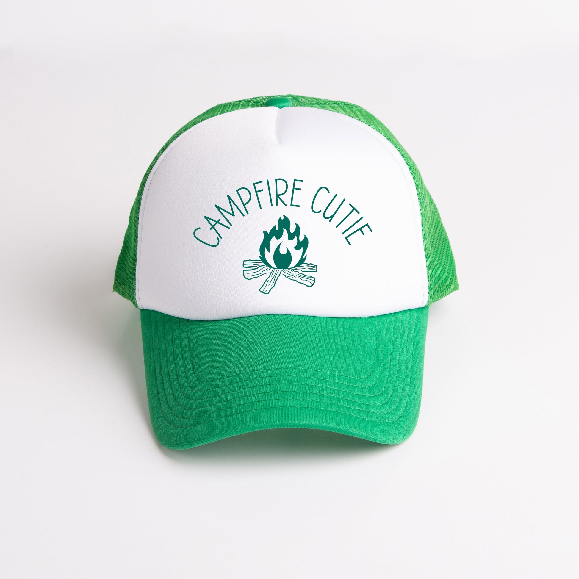 a green and white hat with a campfire cutie on it