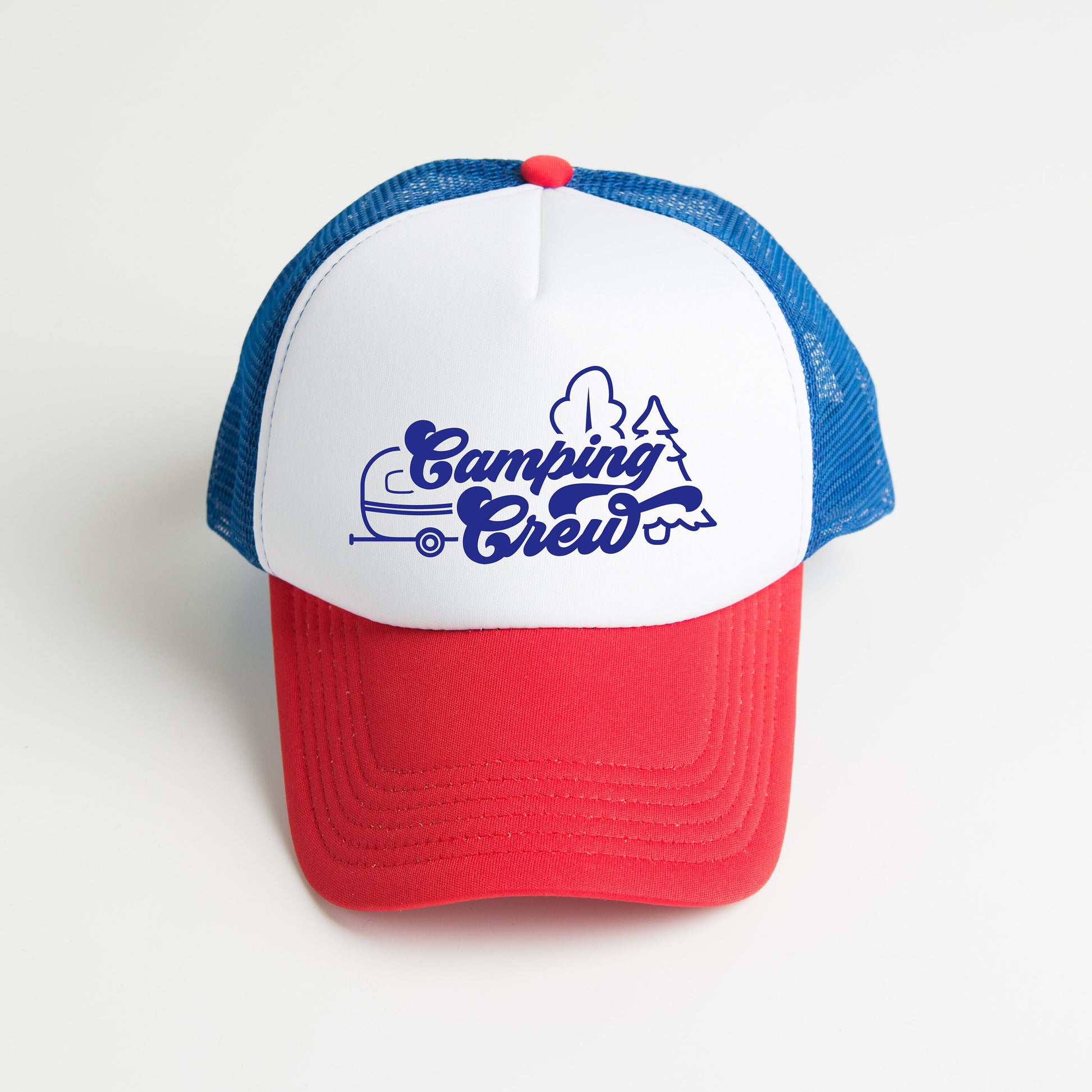 a red, white, and blue hat with a camping grill logo
