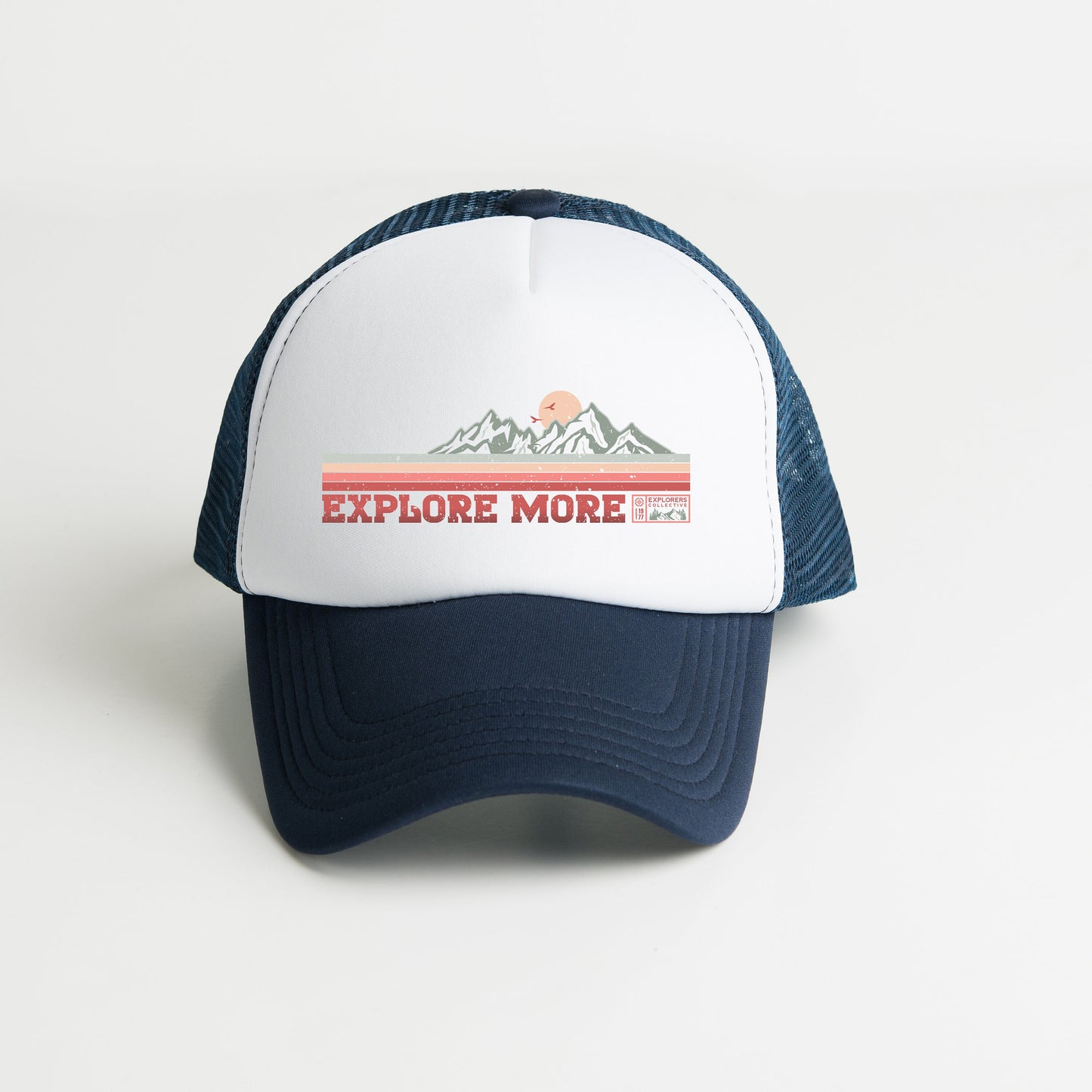 a white and blue hat with the words explore more on it