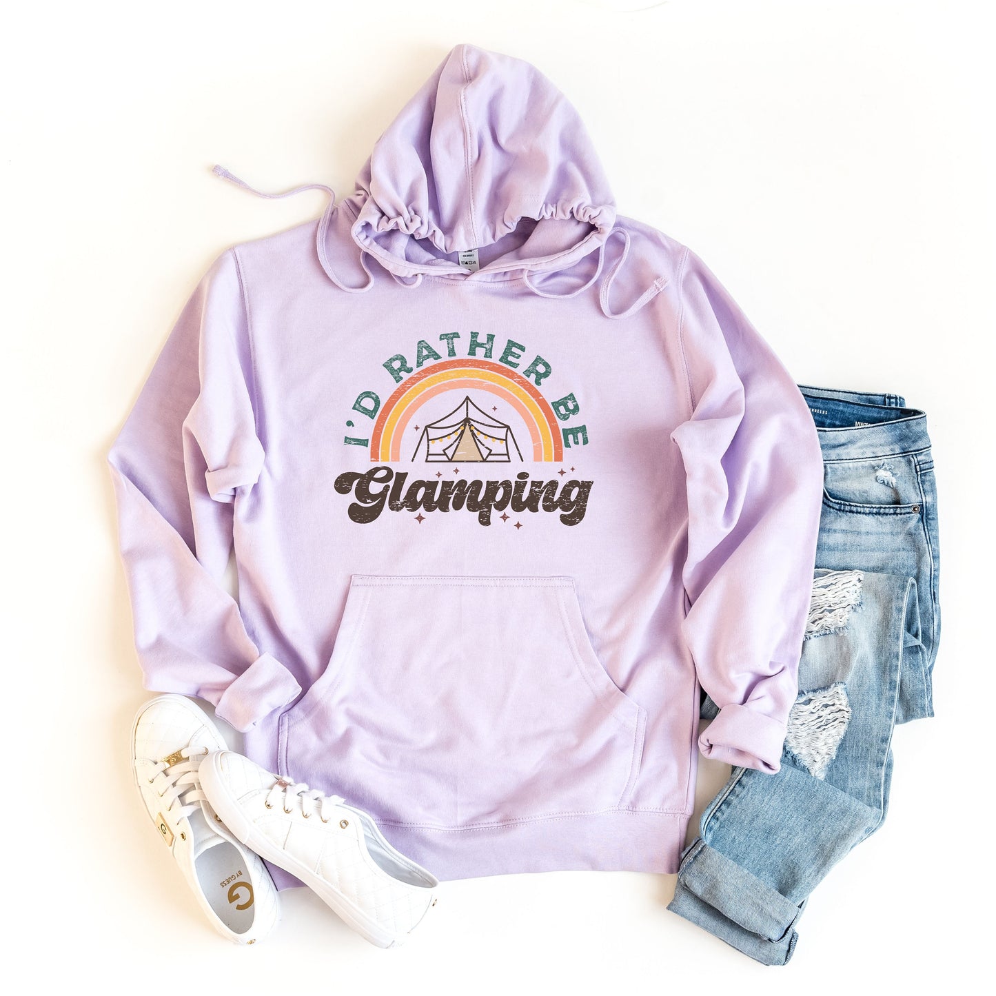 a purple hoodie that says i&#39;d rather be camping next to a pair