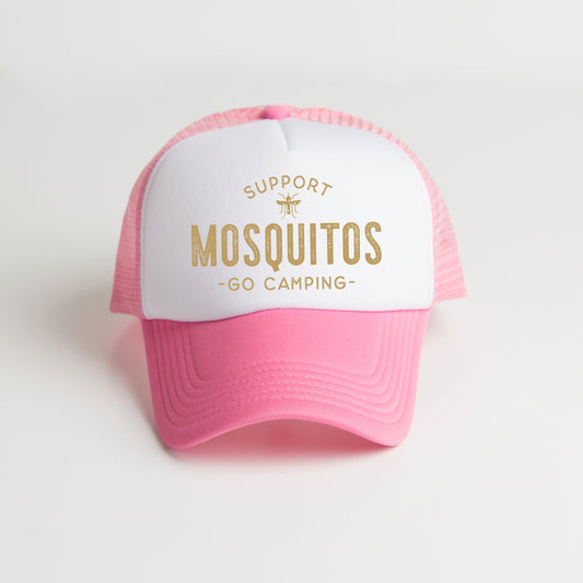 a pink and white trucker hat that says support mosquitoos go camping