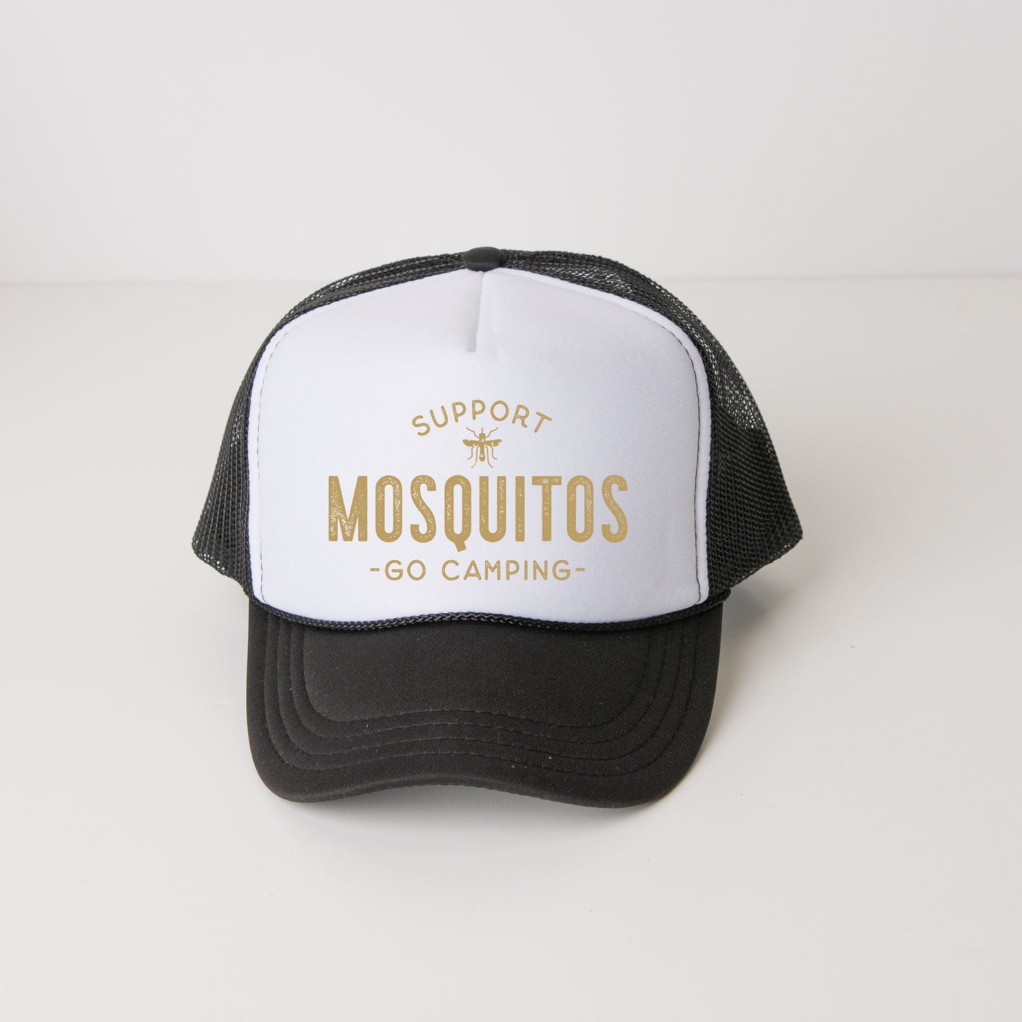a black and white trucker hat that says support mosquitoos go camping