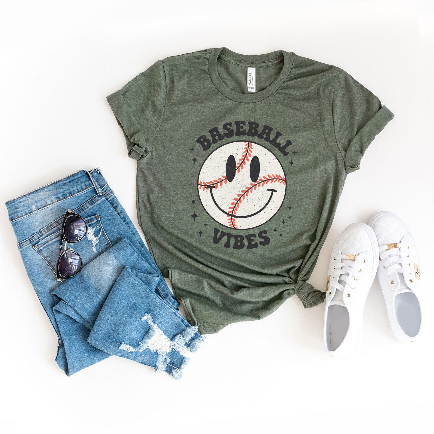 Baseball Vibes Smiley Face | Short Sleeve Graphic Tee