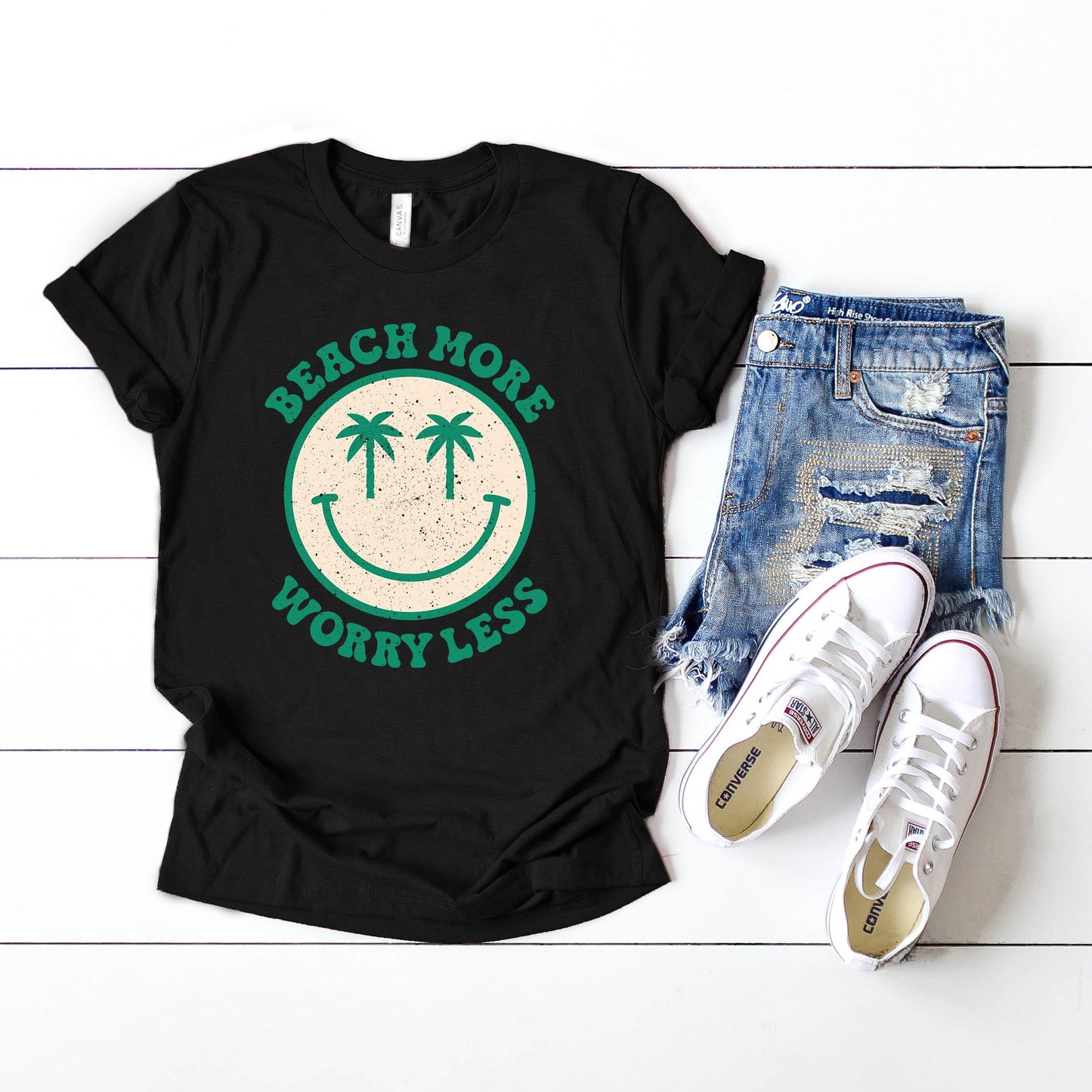 Beach More Worry Less Smiley Face | Short Sleeve Graphic Tee