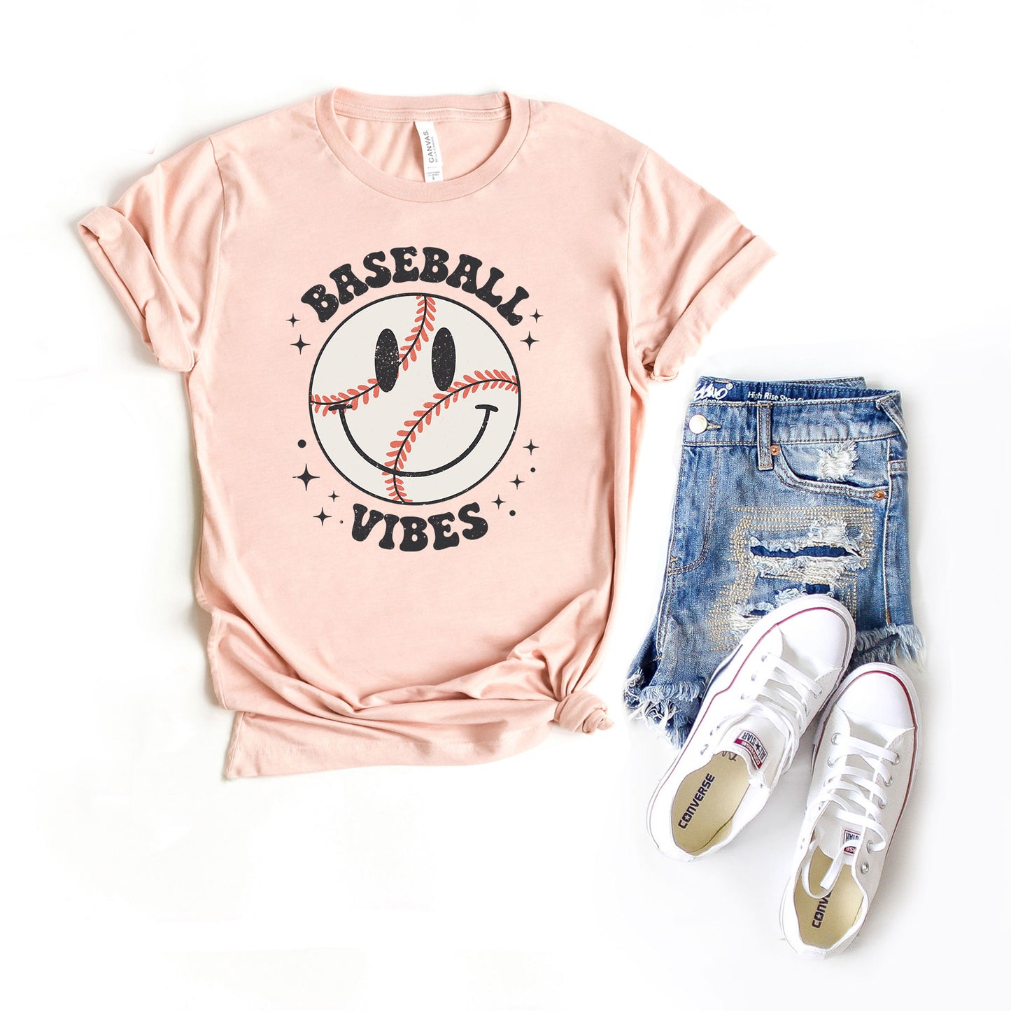 Baseball Vibes Smiley Face | Short Sleeve Graphic Tee