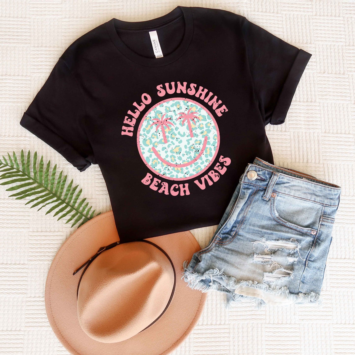 Hello Sunshine Leopard Smiley Face | Short Sleeve Graphic Tee