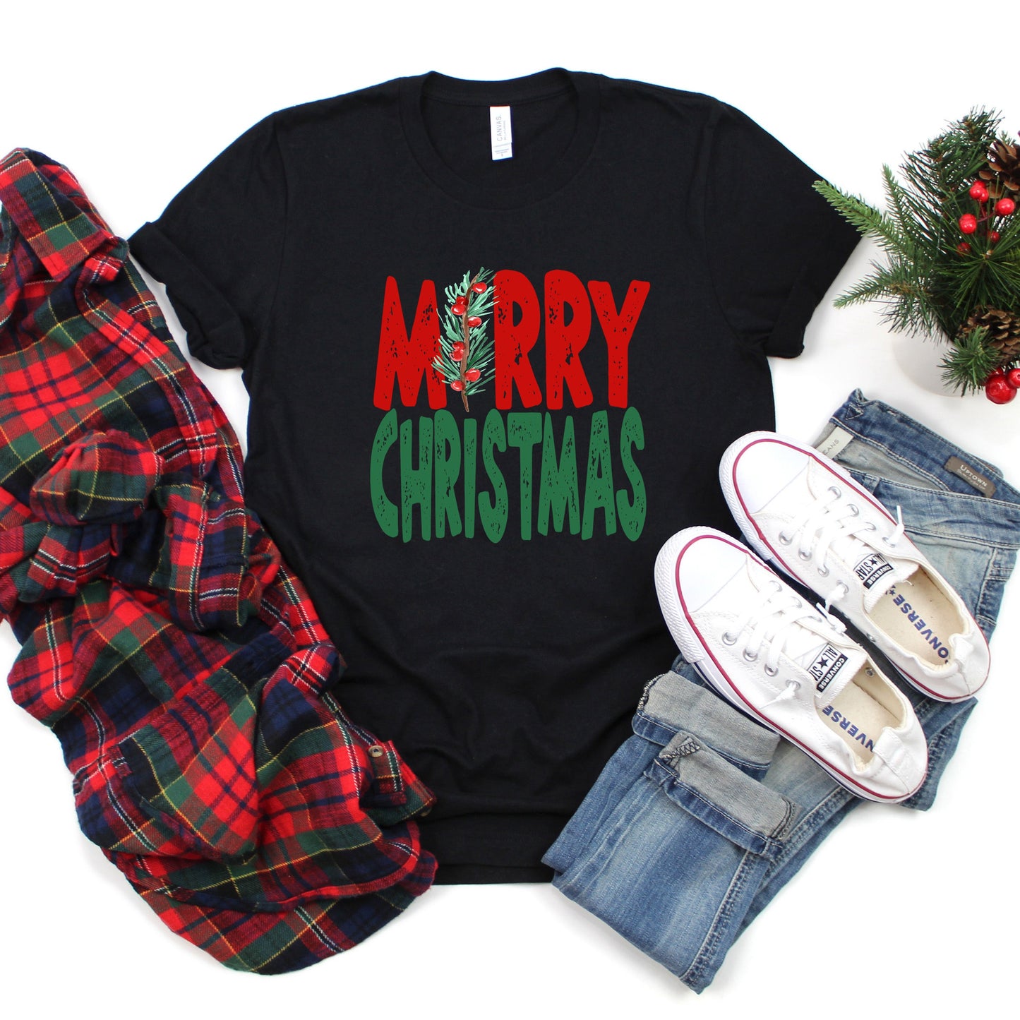 Red and Green Merry Christmas | Short Sleeve Crewneck