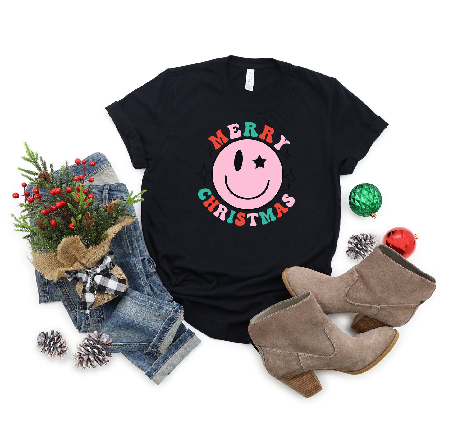 Merry Christmas Smiley | Short Sleeve Graphic Tee