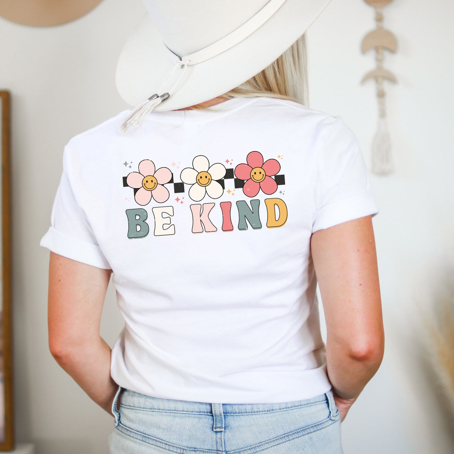 Be Kind Checkered Flowers | Front & Back Short Sleeve Graphic Tee
