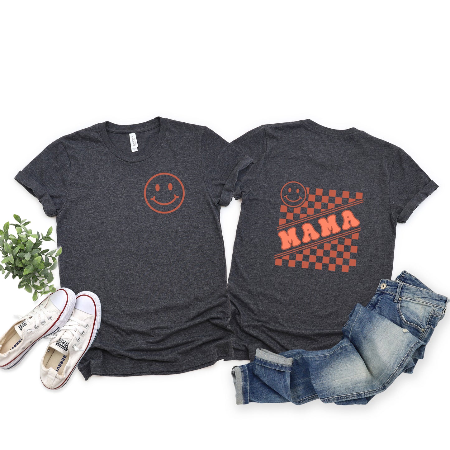 Mama Checkerboard Smiley Face | Front & Back Short Sleeve Graphic Tee