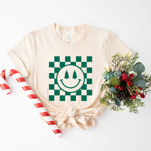 Checkered Christmas Smiley | Short Sleeve Graphic Tee