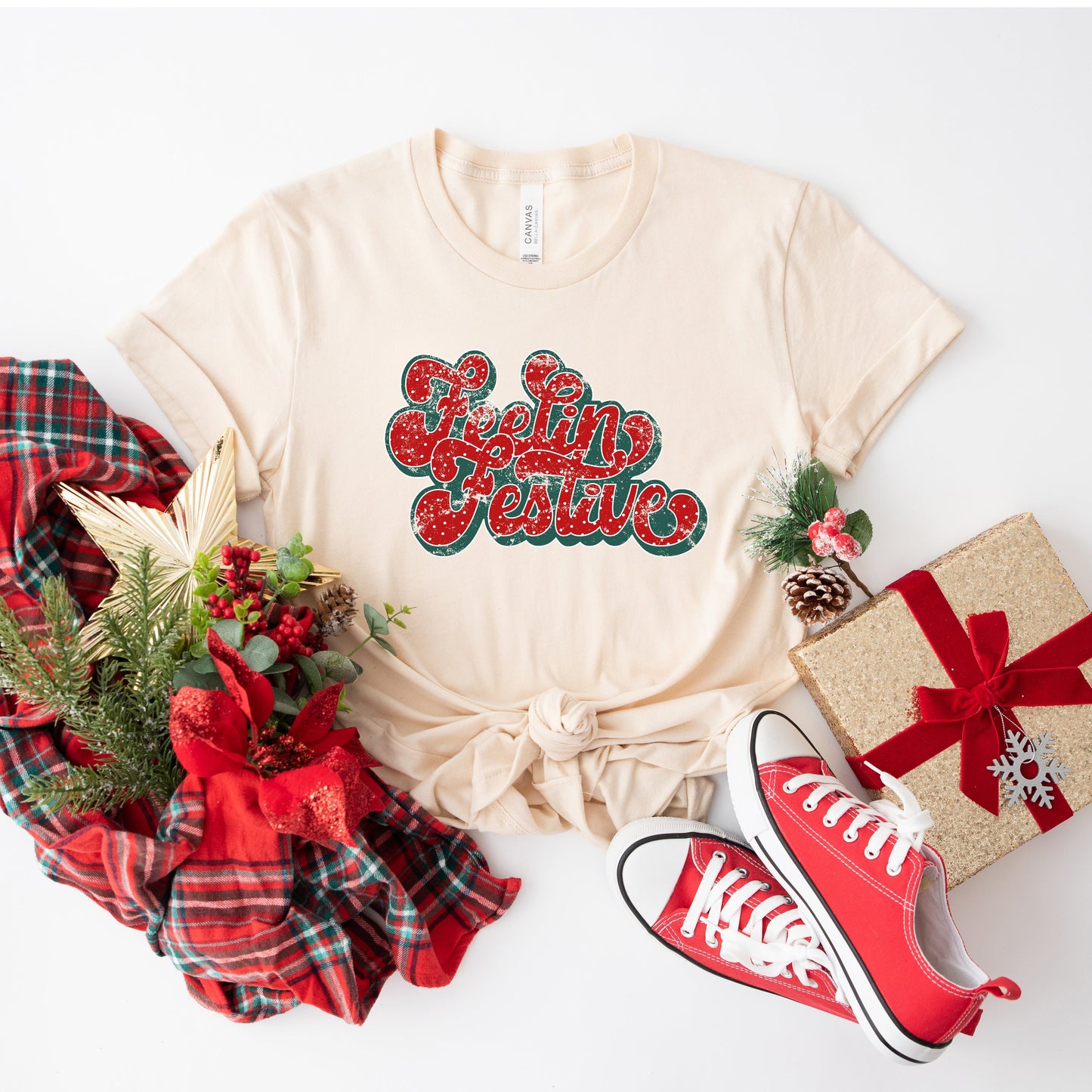 Distressed Feelin Festive | Short Sleeve Crewneck