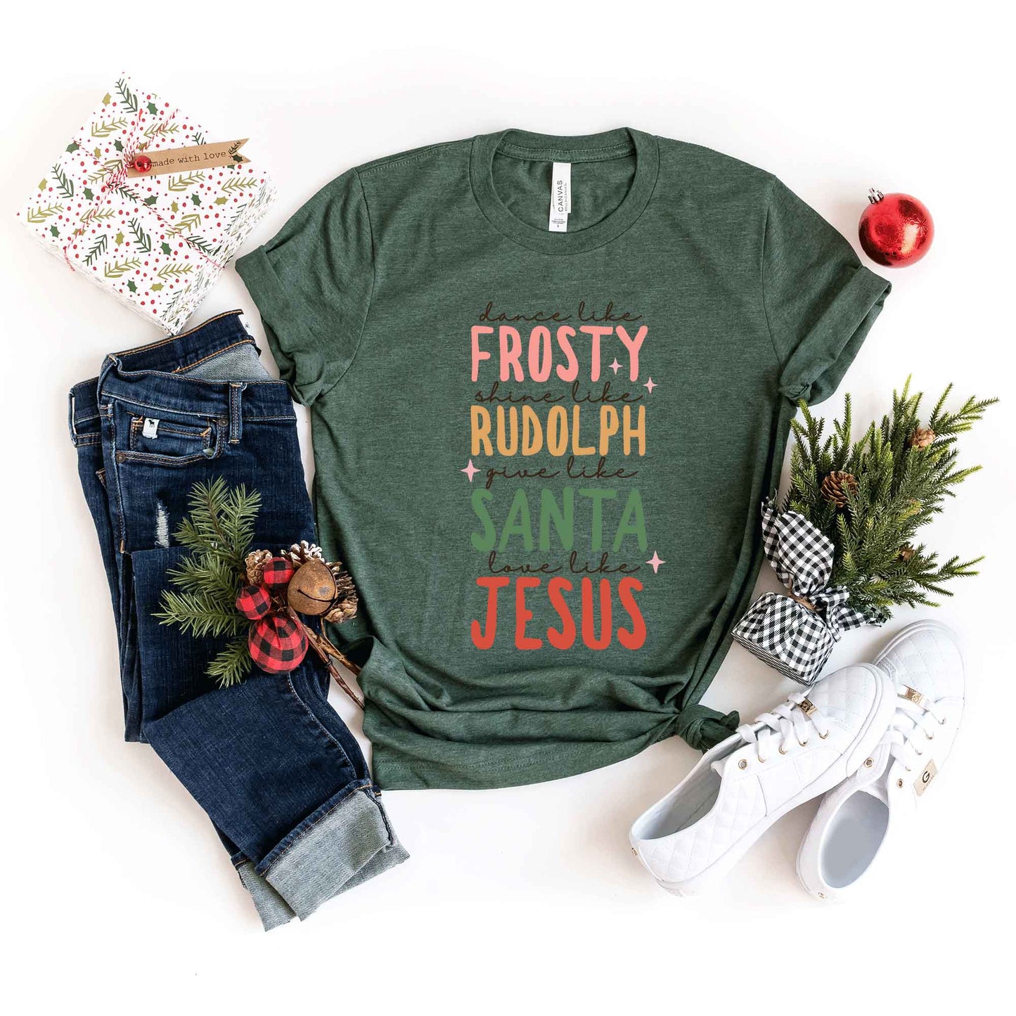 Frosty Rudolph Santa Jesus | Short Sleeve Graphic Tee
