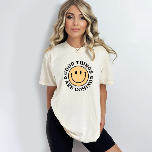 Good Things Are Coming Smiley Face | Garment Dyed Short Sleeve Tee