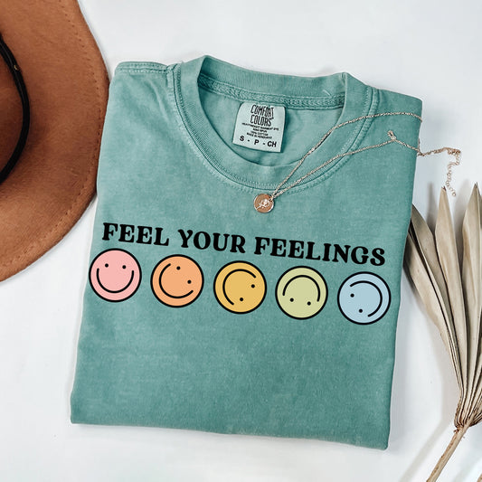 Feel Your Feelings Rainbow Smileys | Garment Dyed Short Sleeve Tee