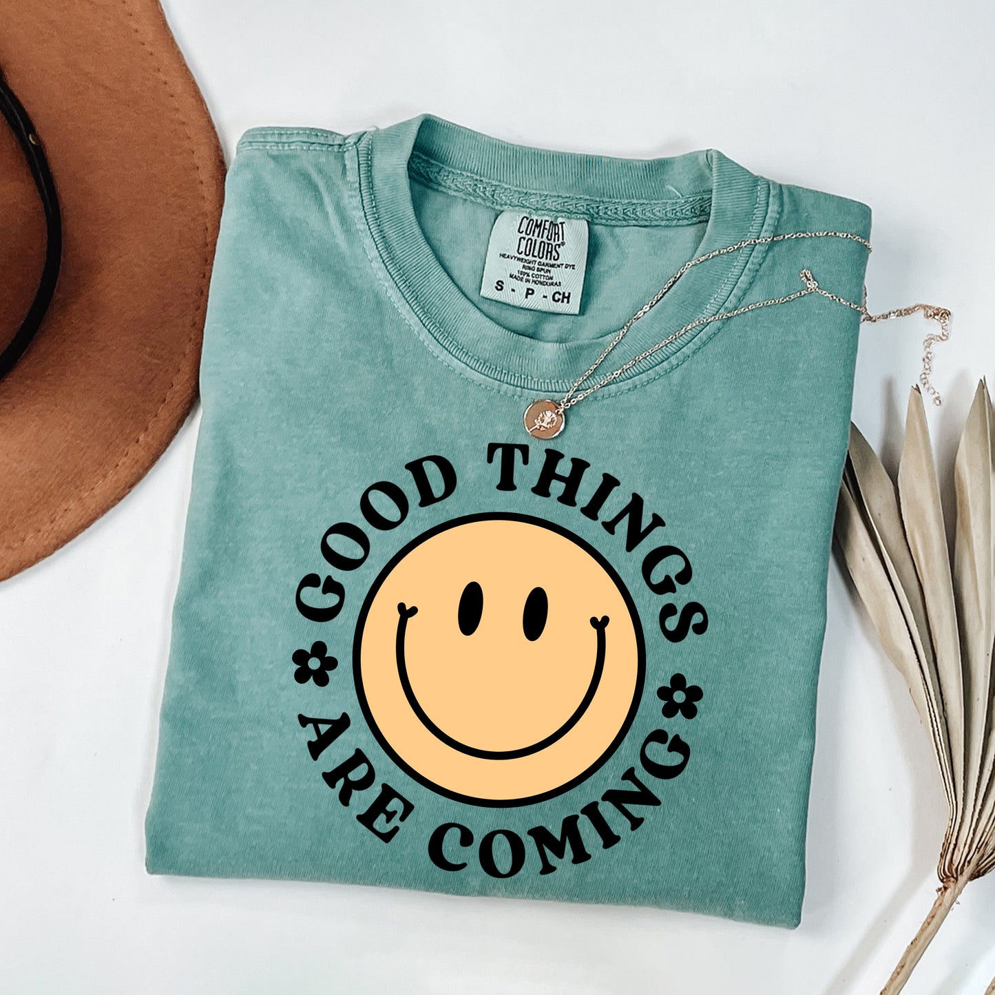 Good Things Are Coming Smiley Face | Garment Dyed Short Sleeve Tee