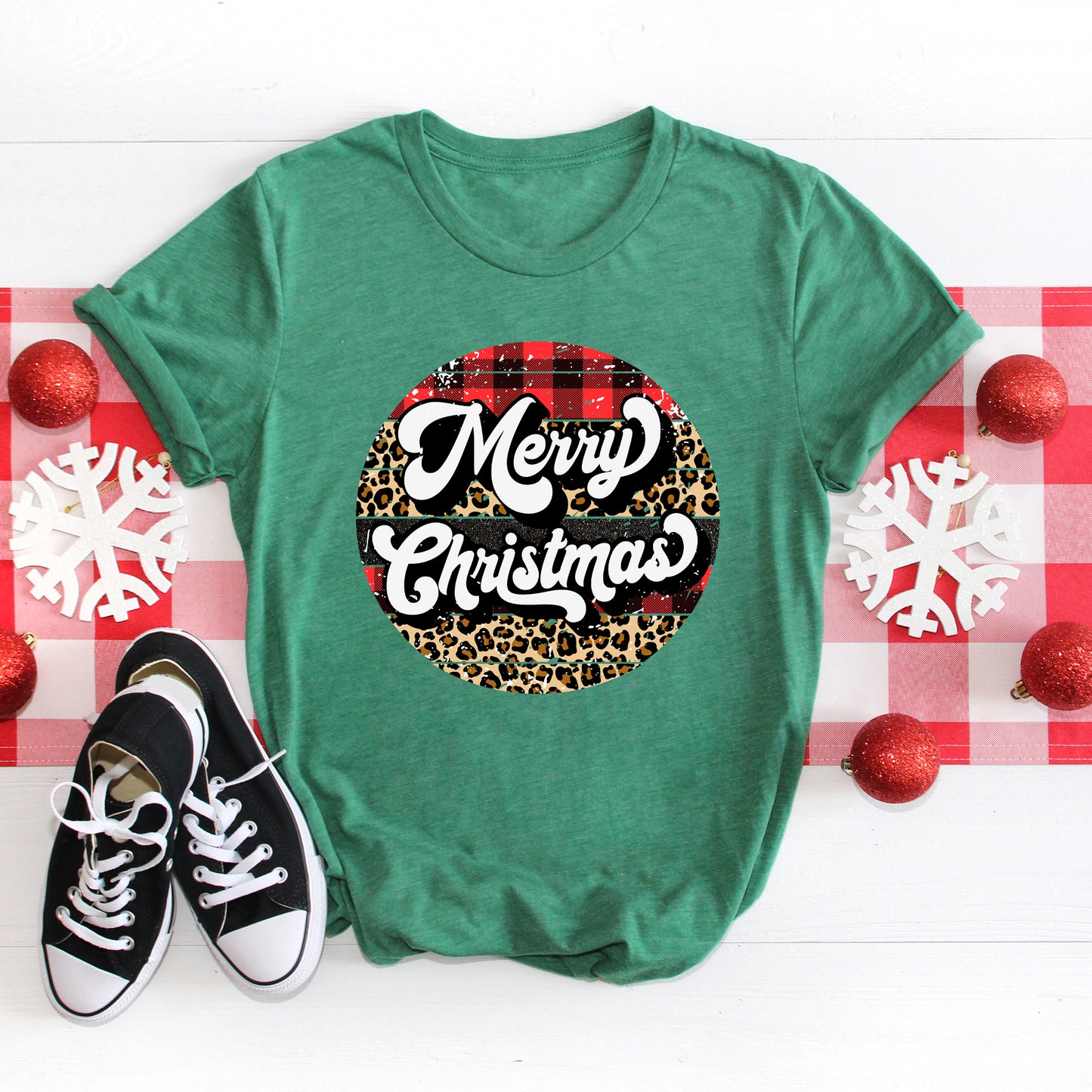 Buffalo Plaid Leopard Merry Christmas | Short Sleeve Crew Neck