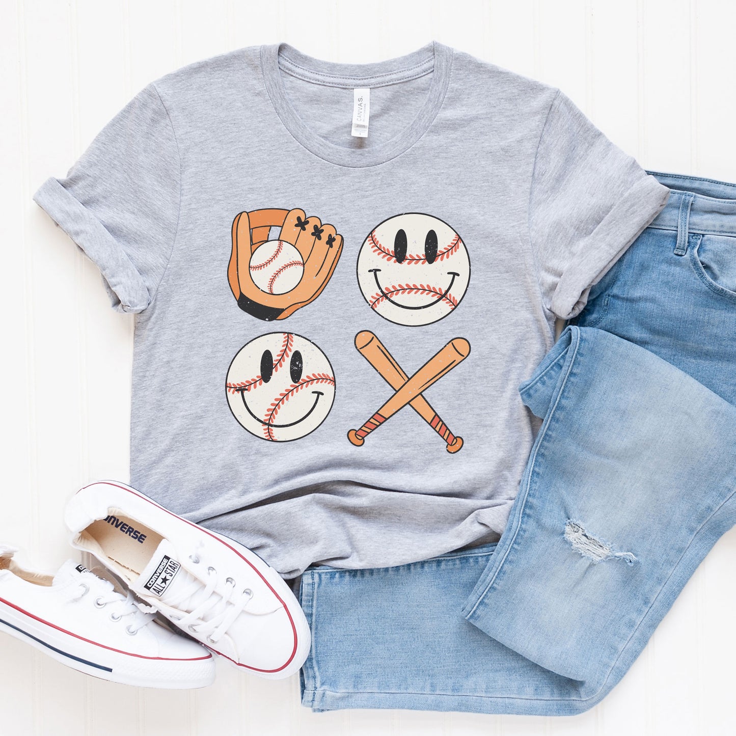 Vintage Bat And Baseball Smiley Face | Short Sleeve Graphic Tee