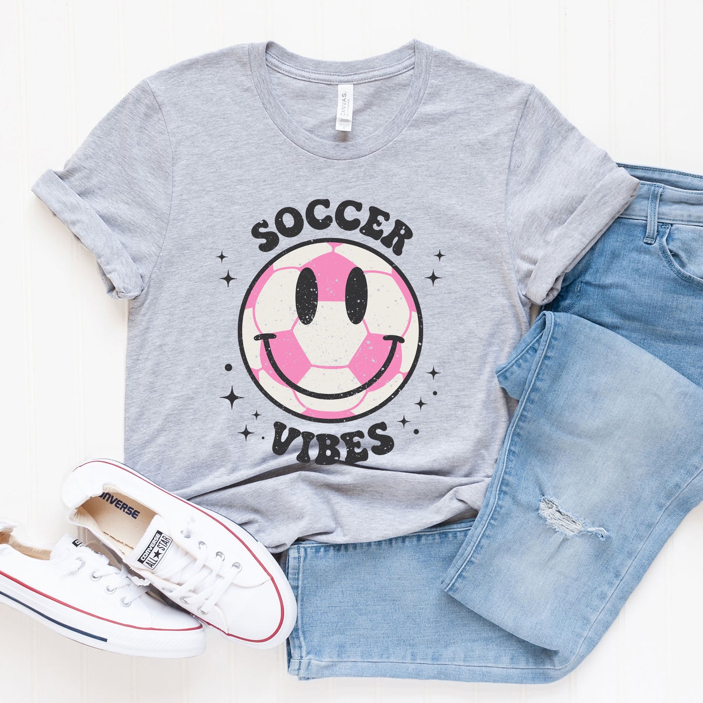 Vintage Pink Soccer Vibes Smiley Face | Short Sleeve Graphic Tee
