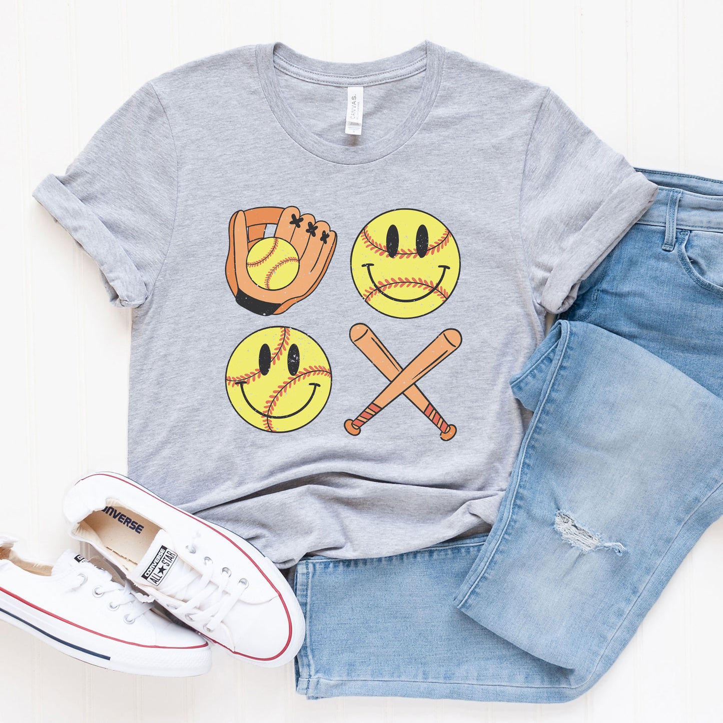 Vintage Bat And Softball Smiley Face | Short Sleeve Graphic Tee