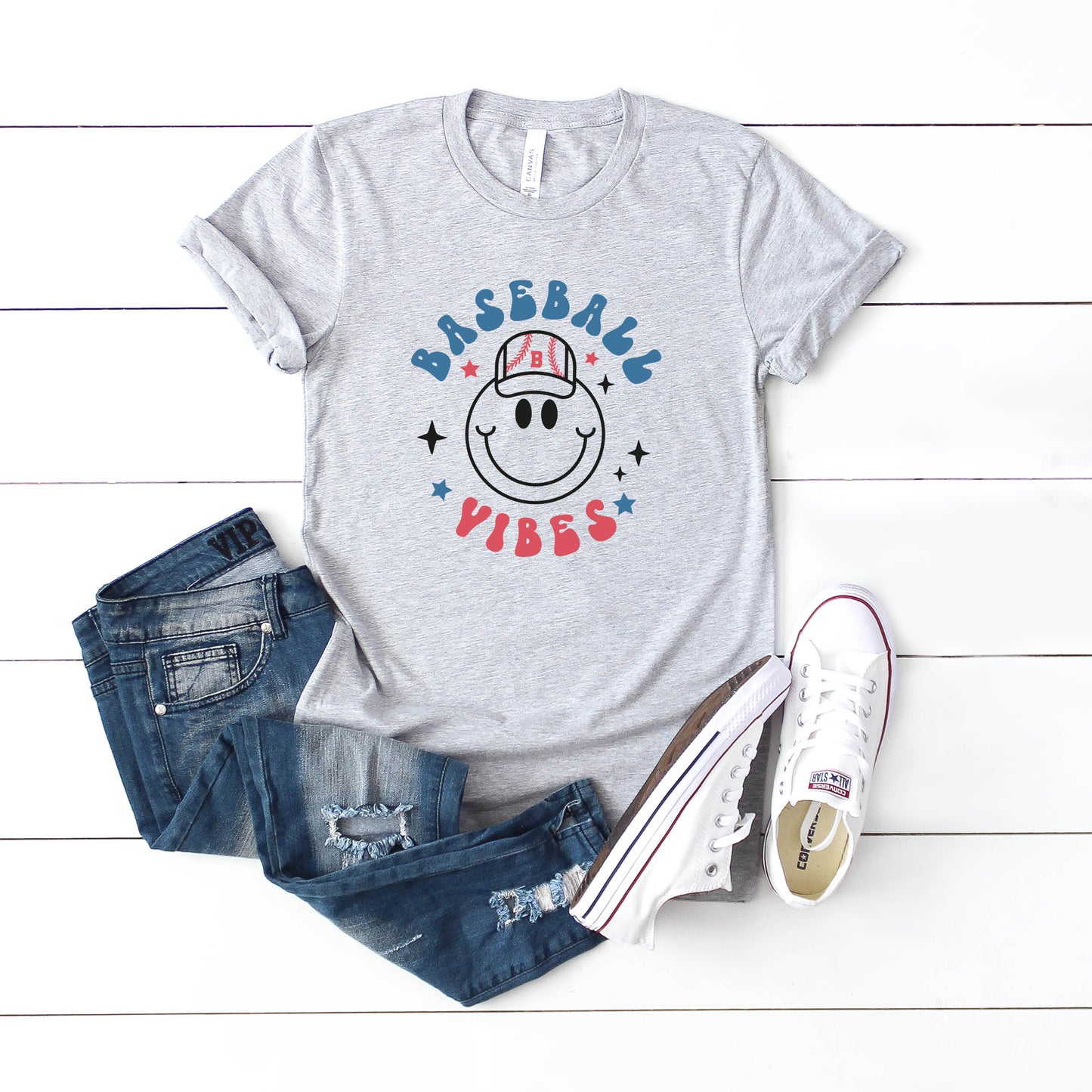 Smiley Face Baseball Vibes | Short Sleeve Graphic Tee