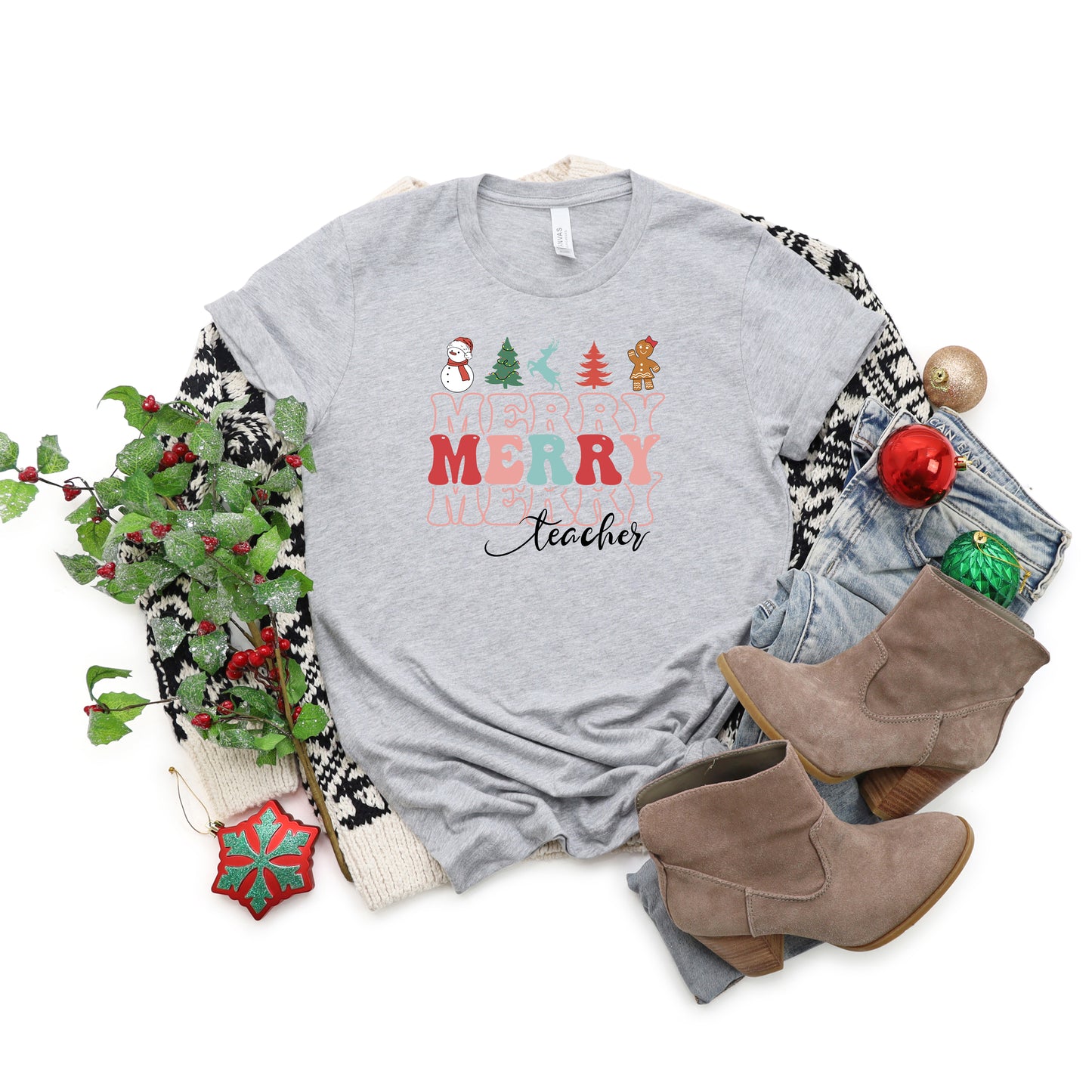 Merry Stacked Teacher | Short Sleeve Graphic Tee