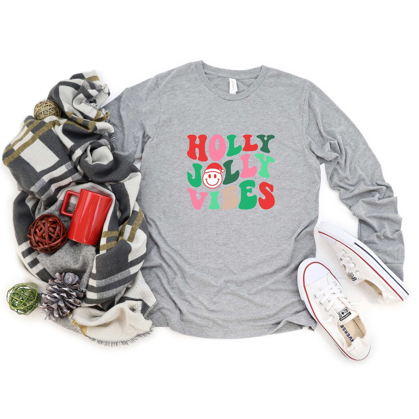 Holly Jolly Vibes Smile | Long Sleeve Graphic Tee