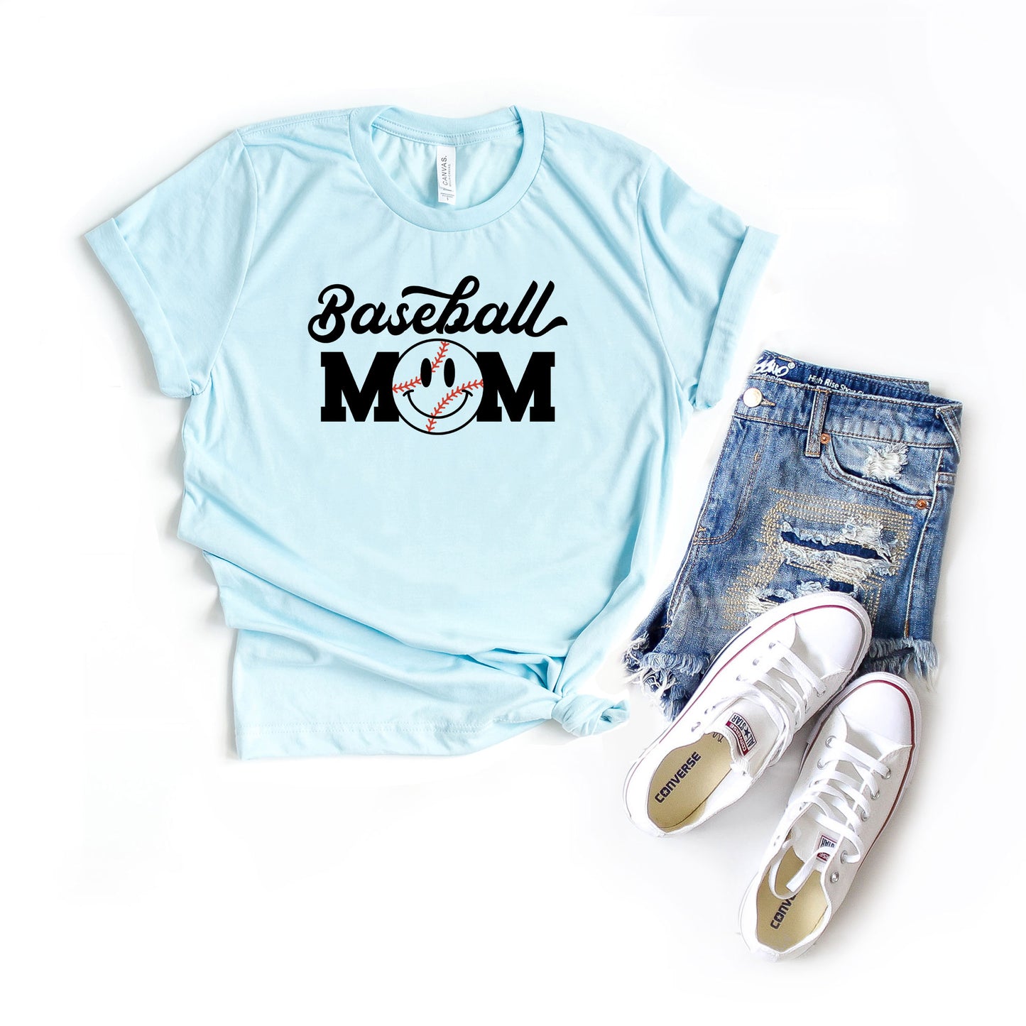 Baseball Mom Smiley Face | Short Sleeve Graphic Tee