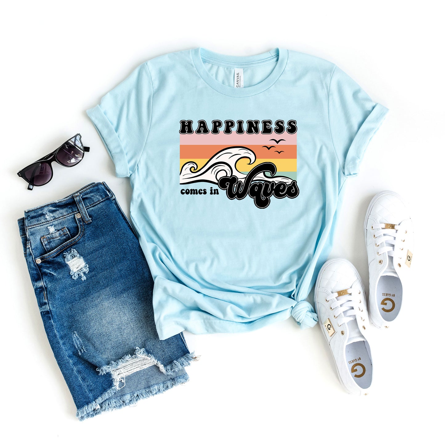 Happiness Comes In Waves Stripes | Short Sleeve Graphic Tee