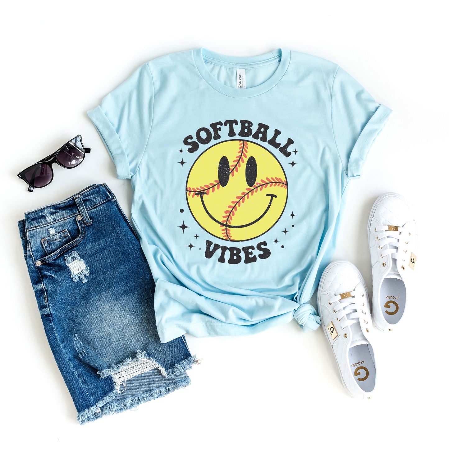Vintage Softball Vibes Smiley Face | Short Sleeve Graphic Tee