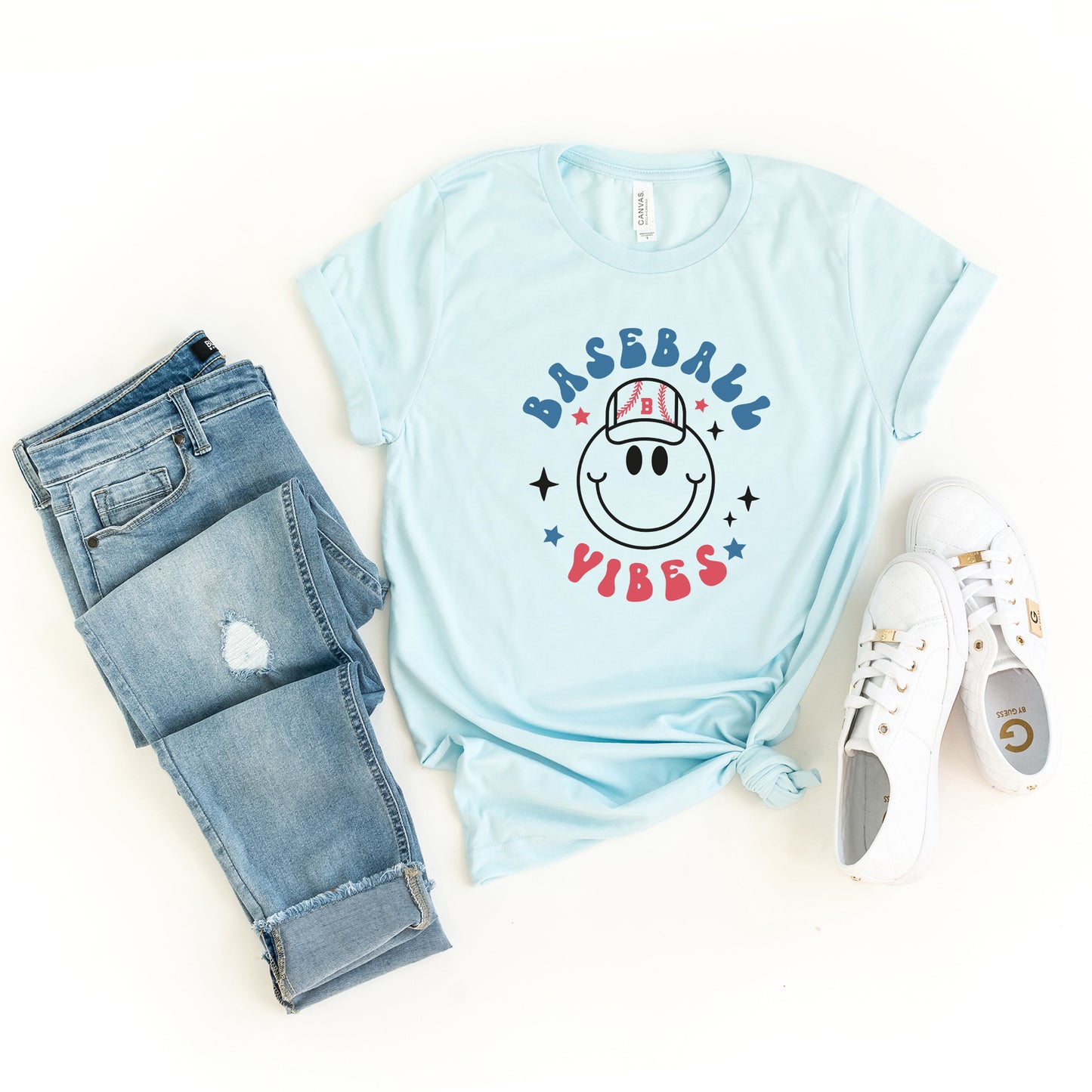 Smiley Face Baseball Vibes | Short Sleeve Graphic Tee