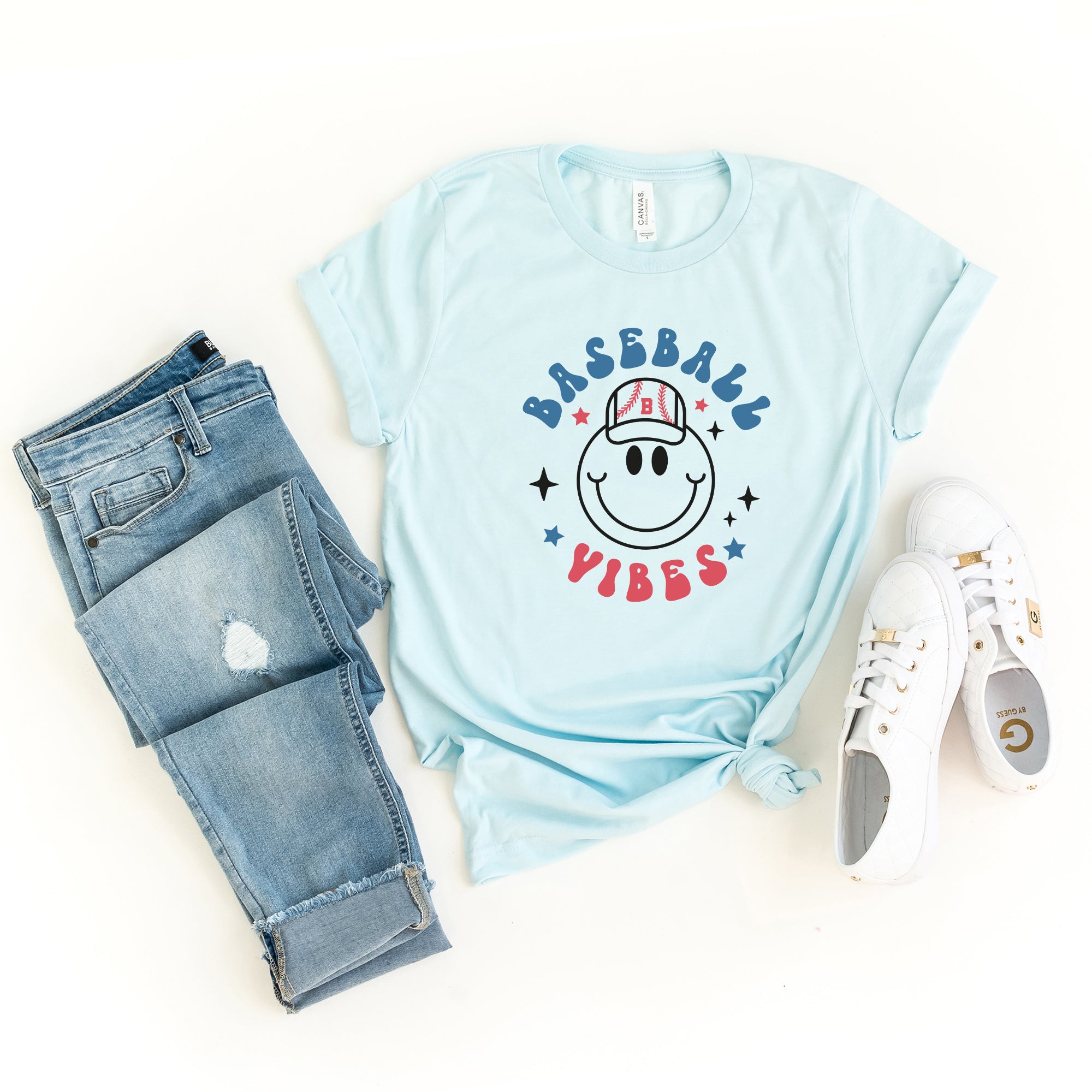 Smiley Face Baseball Vibes | Short Sleeve Graphic Tee