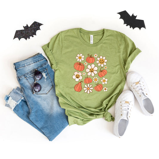 Distressed Flowers And Pumpkins | Short Sleeve Crew Neck