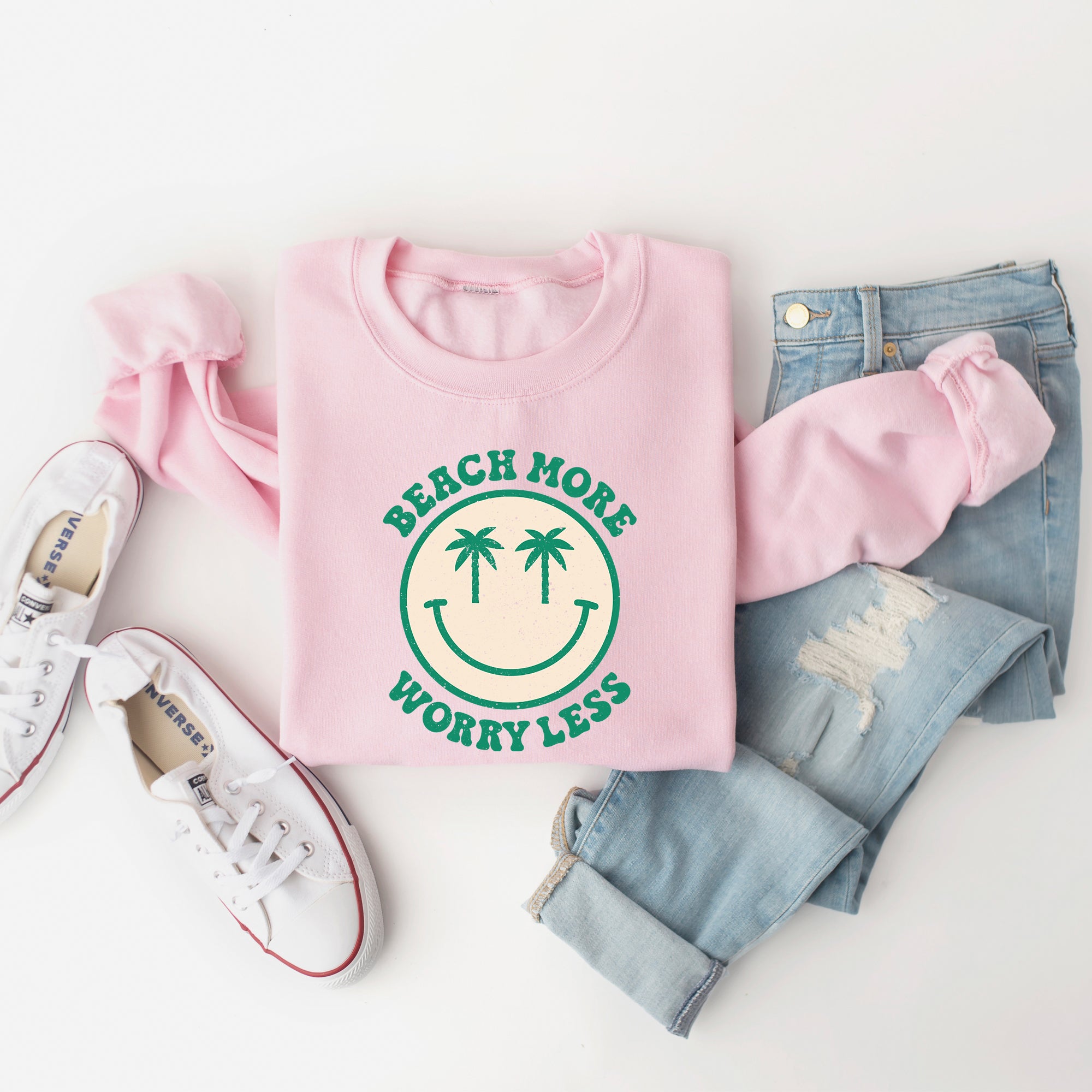 Beach More Worry Less Smiley Face | Sweatshirt
