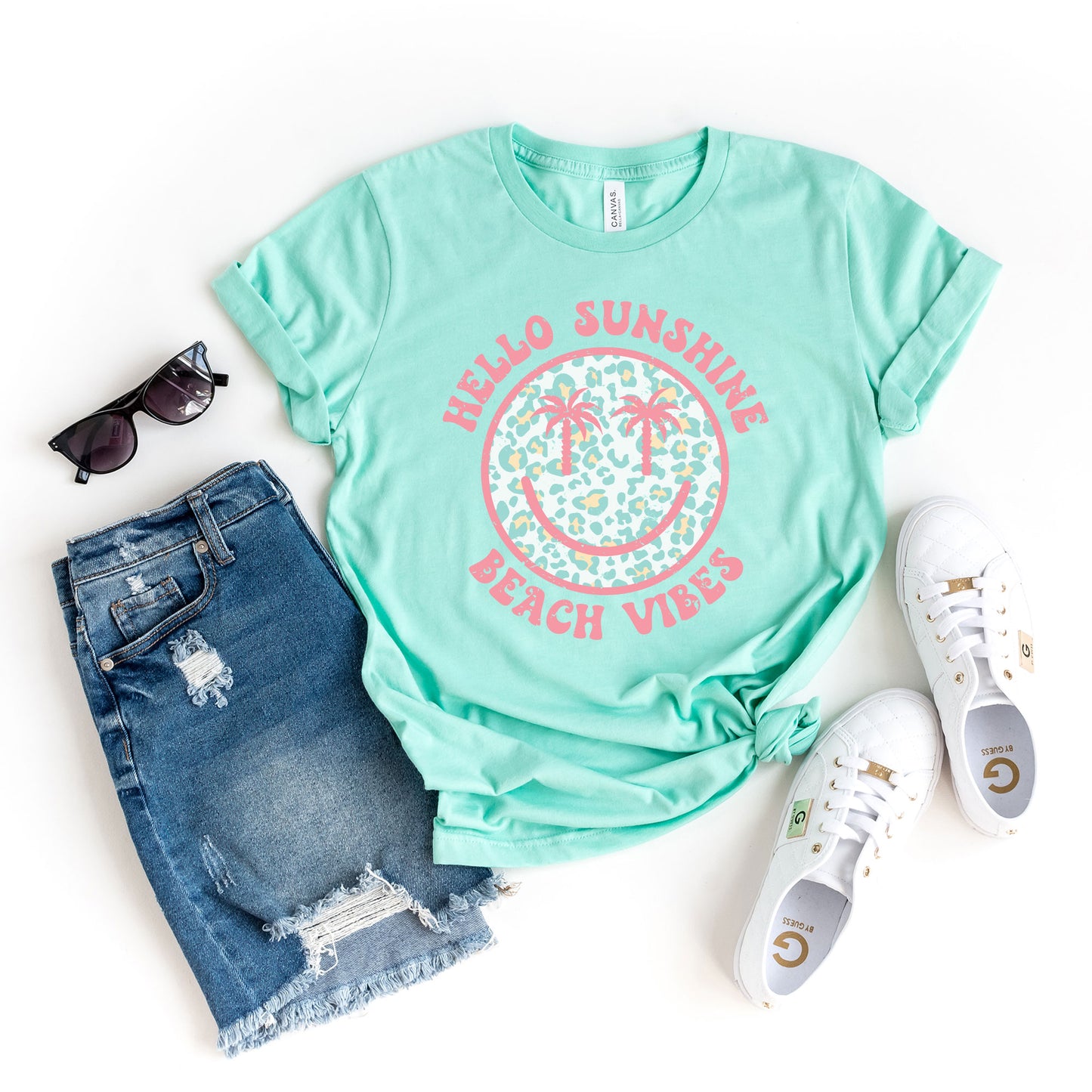 Hello Sunshine Leopard Smiley Face | Short Sleeve Graphic Tee