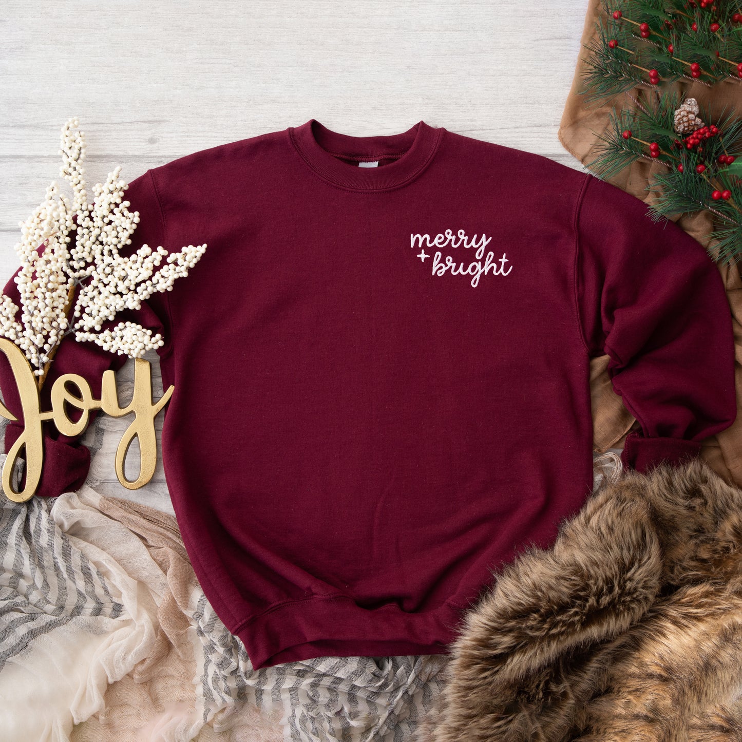 Merry And Bright Cursive | Embroidered Sweatshirt