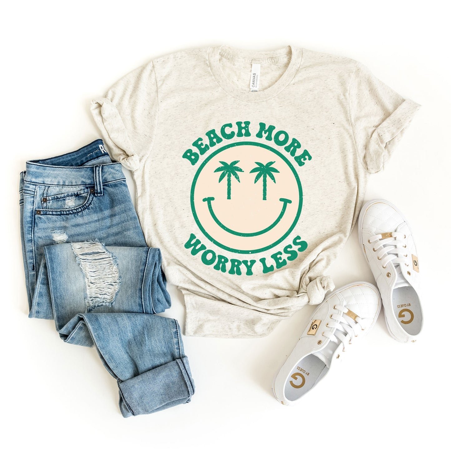 Beach More Worry Less Smiley Face | Short Sleeve Graphic Tee