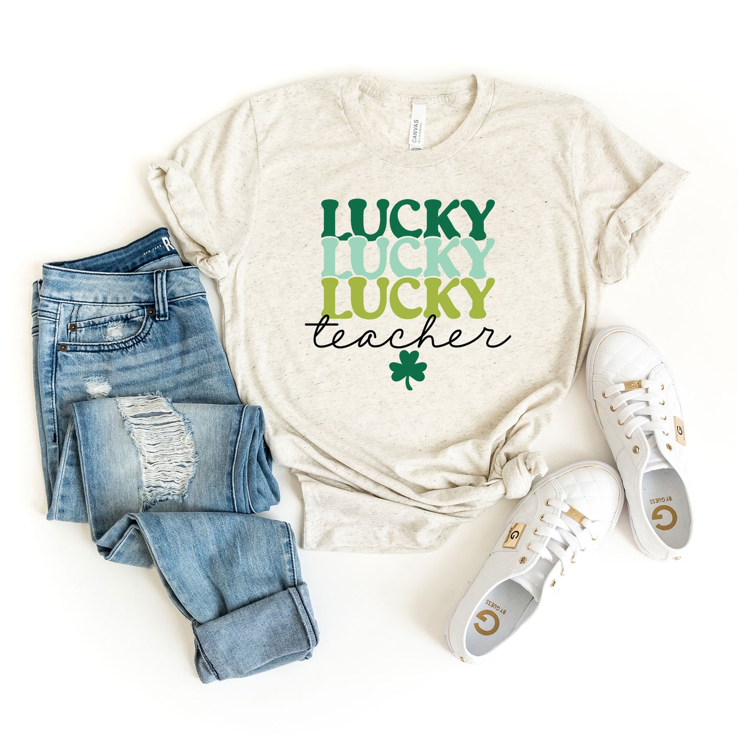 Lucky Teacher Stacked Colorful | Short Sleeve Graphic Tee