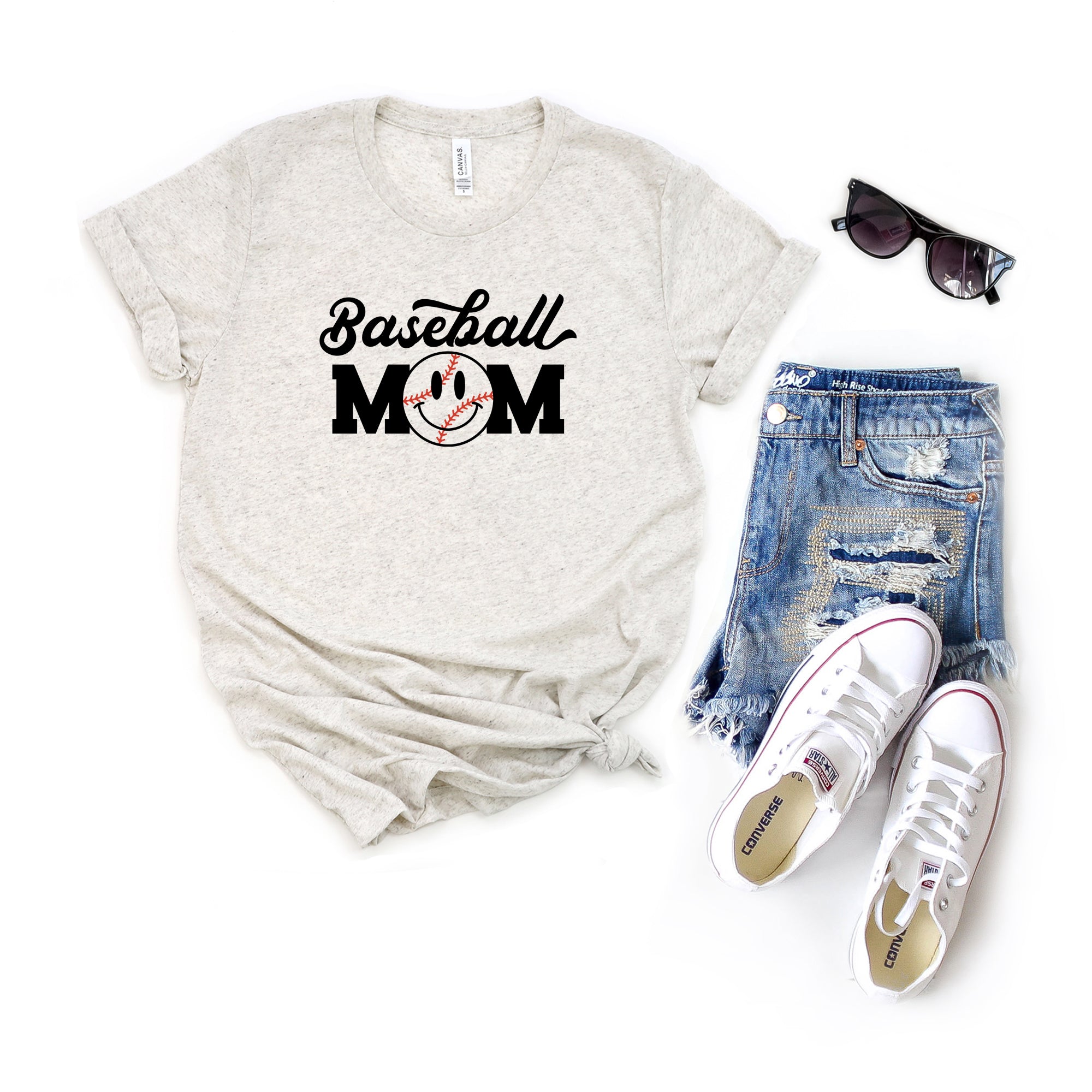 Baseball Mom Smiley Face | Short Sleeve Graphic Tee