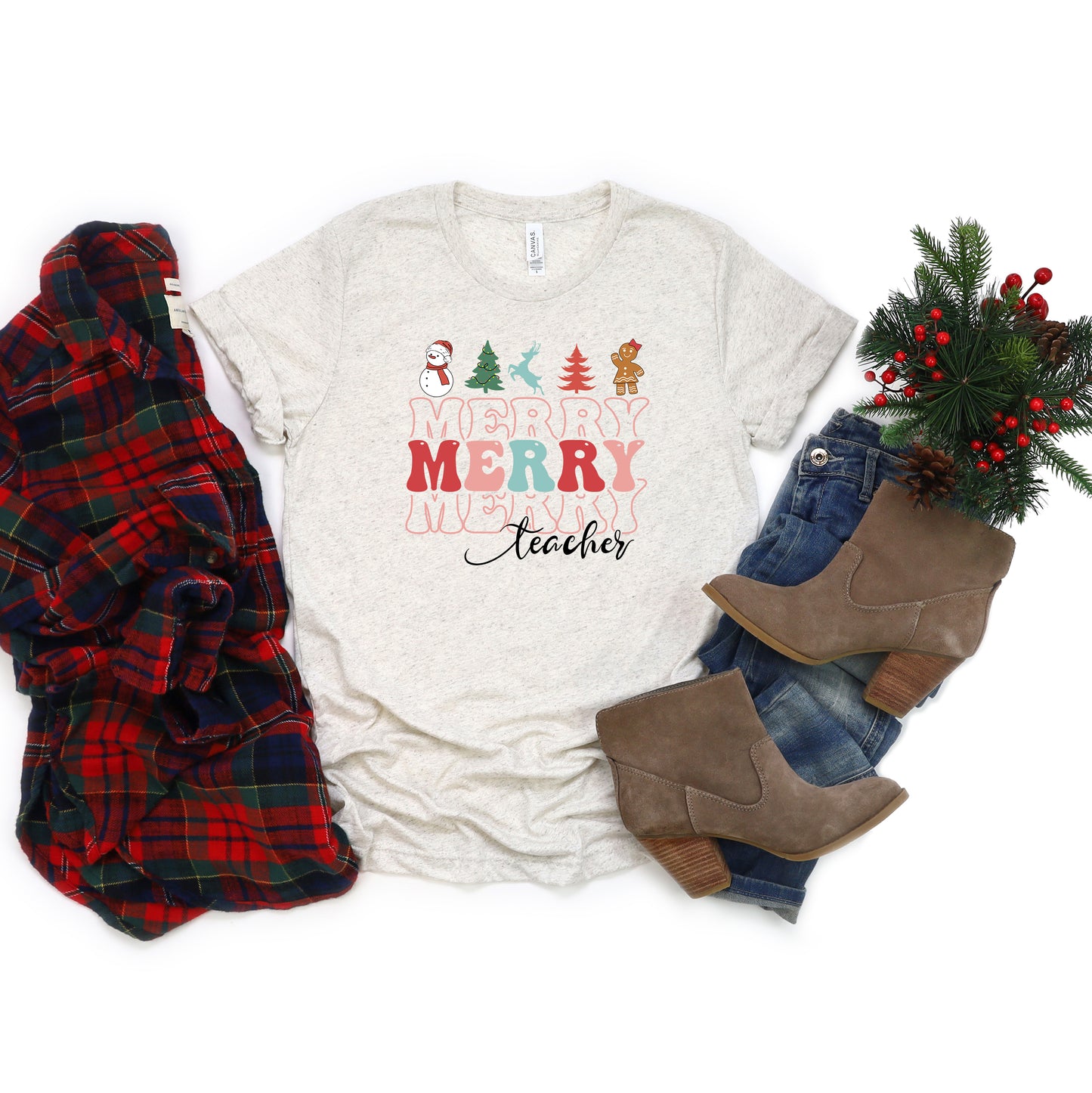 Merry Stacked Teacher | Short Sleeve Graphic Tee
