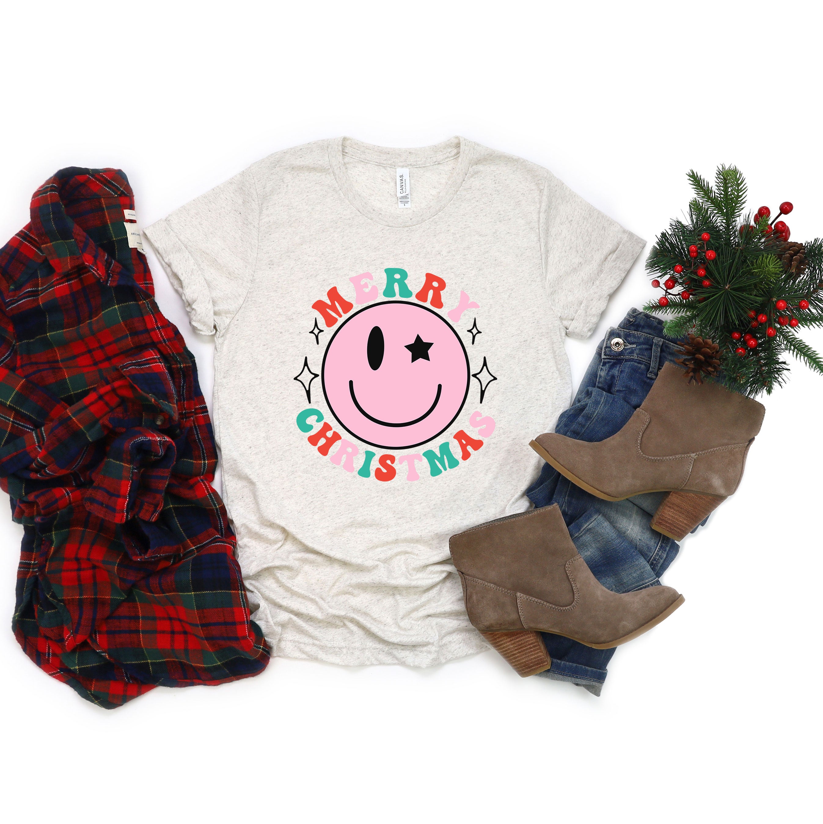 Merry Christmas Smiley | Short Sleeve Graphic Tee