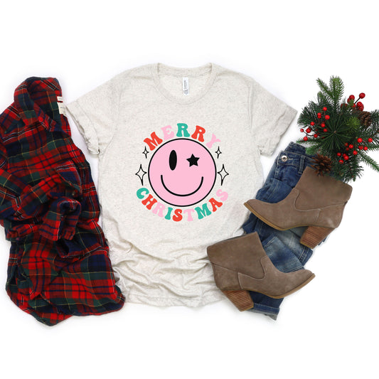Merry Christmas Smiley | Short Sleeve Graphic Tee