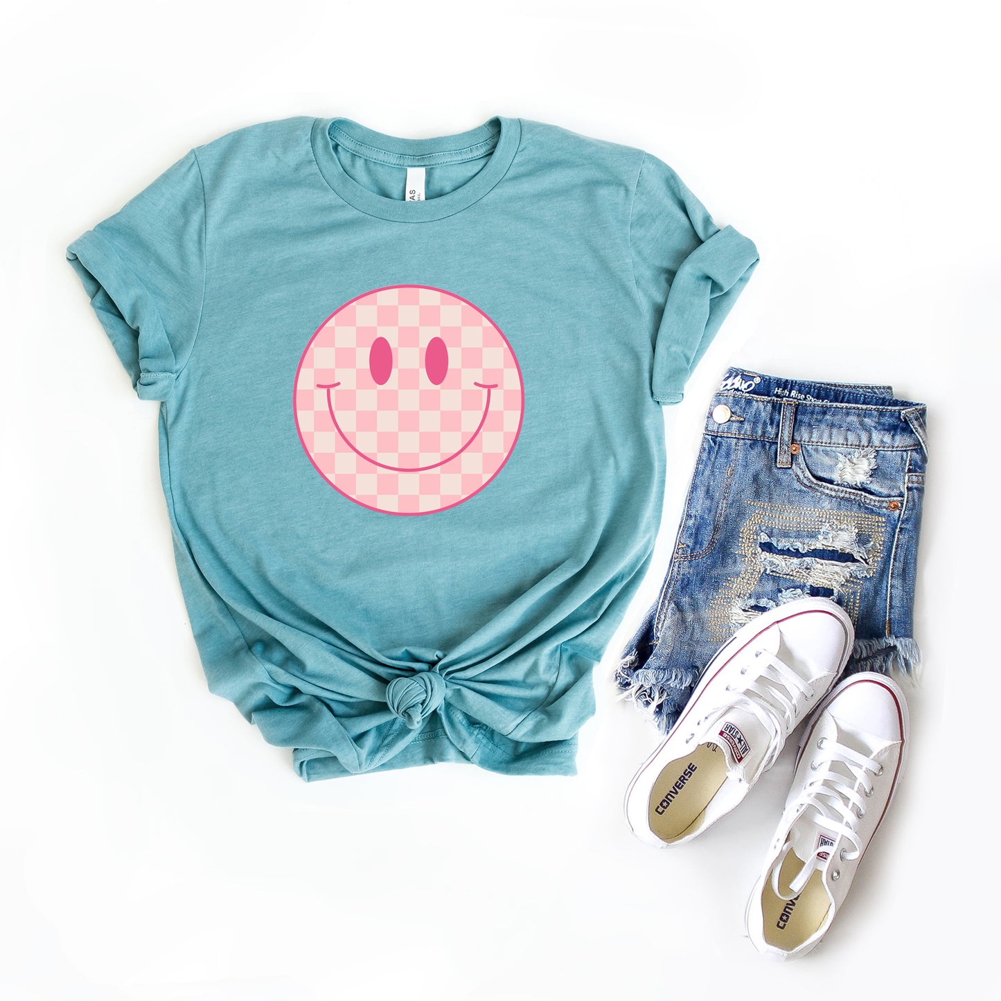 Pink Checker Smiley Face | Short Sleeve Graphic Tee