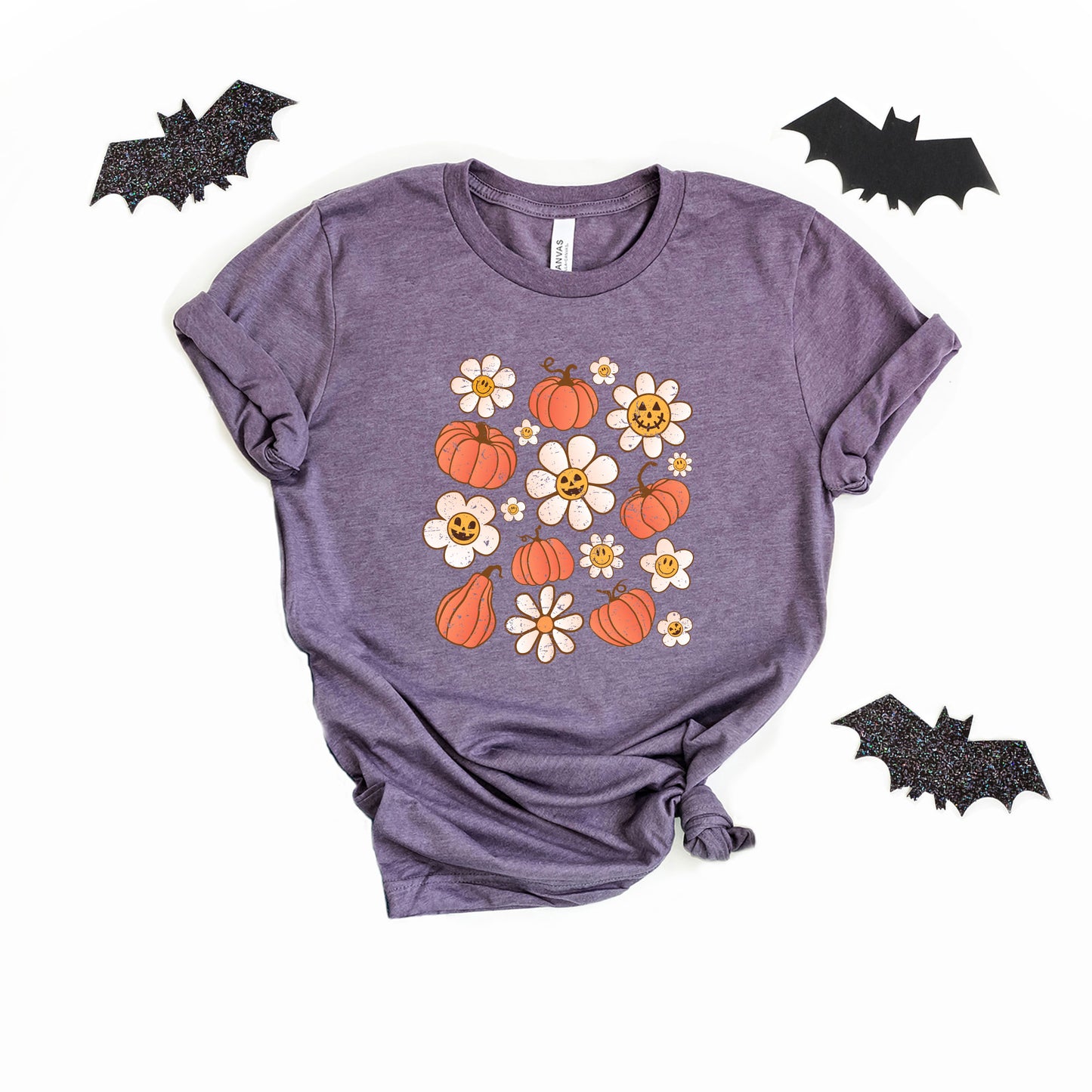 Distressed Flowers And Pumpkins | Short Sleeve Crew Neck