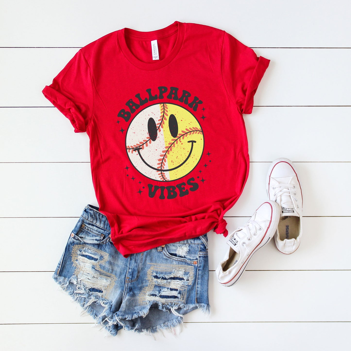 Vintage Ballpark Vibes Smiley Face | Short Sleeve Graphic Tee