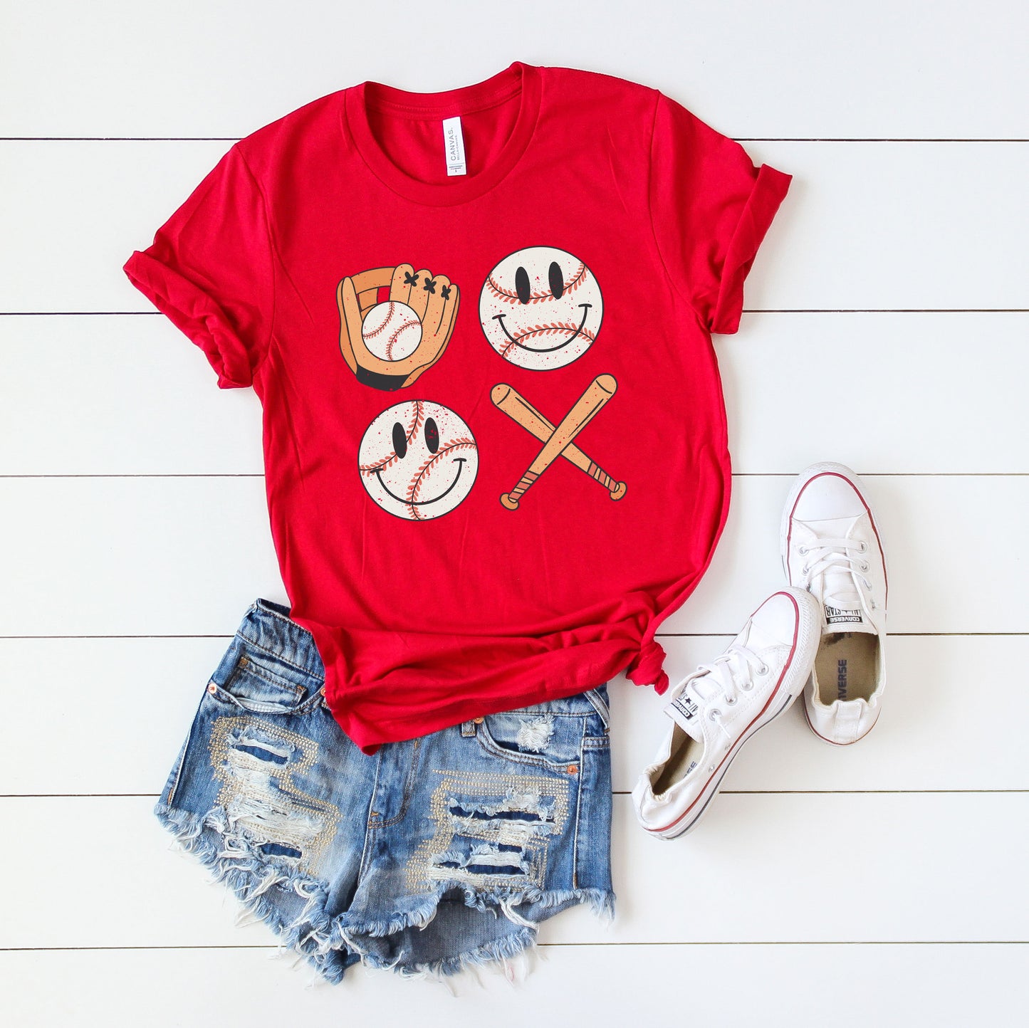 Vintage Bat And Baseball Smiley Face | Short Sleeve Graphic Tee