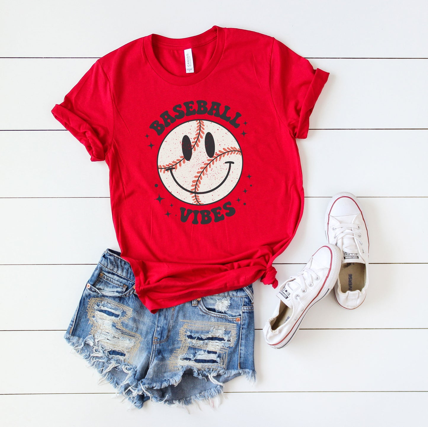 Baseball Vibes Smiley Face | Short Sleeve Graphic Tee