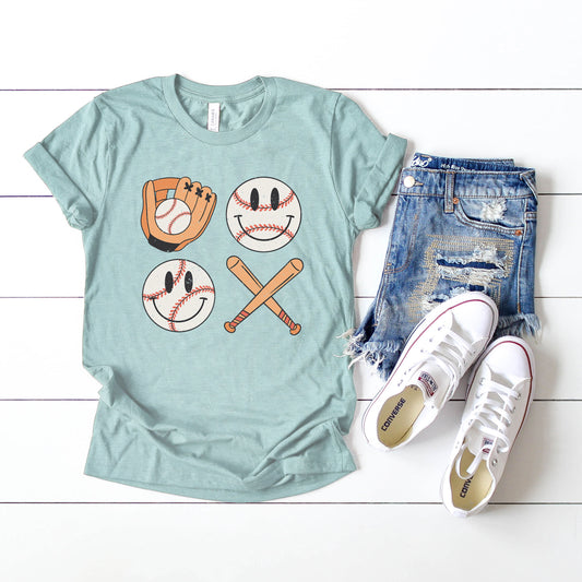 Vintage Bat And Baseball Smiley Face | Short Sleeve Graphic Tee